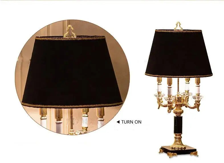 Elegant black velvet table lamp with gold trim and ornate brass base perfect for black crystal bedroom decorbites decor