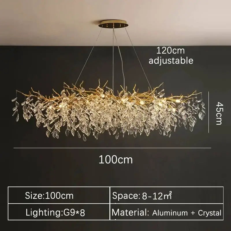 Luxury gold branch crystal pendant chandelier with adjustable golden aluminum frame and cascading clear crystal leaves decorbites crystal pendant