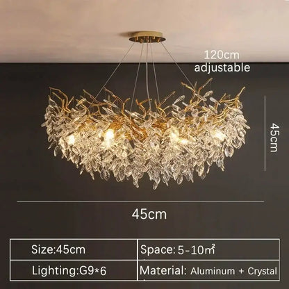 Luxury gold branch crystal pendant chandelier with cascading aluminum and crystal leaves and six g9 bulbs decorbites crystal pendant