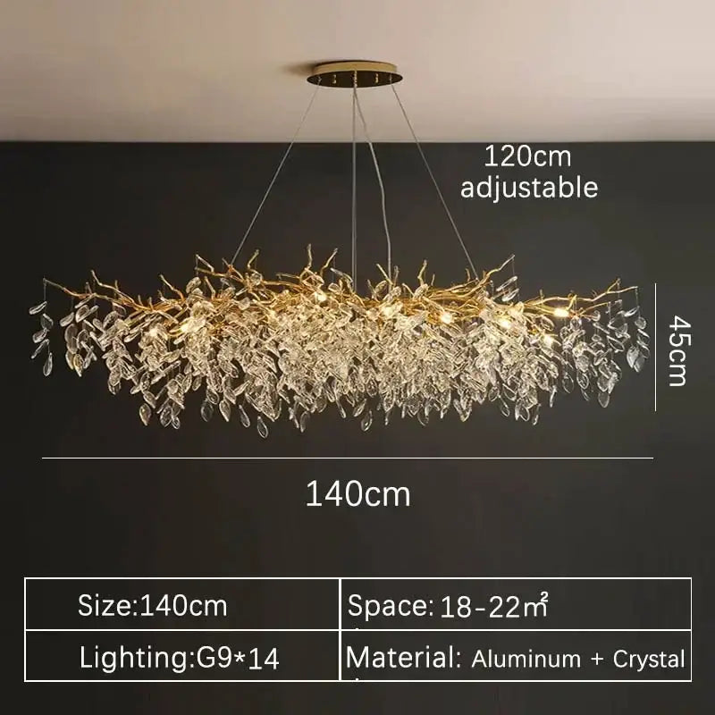 Luxury gold branch decorbites crystal pendant chandelier with adjustable 140cm golden aluminum frame and clear crystal leaves