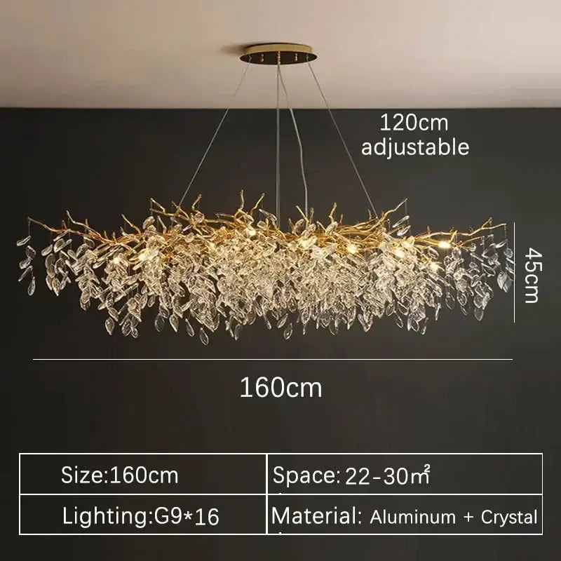 Luxury gold branch crystal pendant chandelier with adjustable 160cm golden aluminum frame and clear crystal leaves decorbites crystal pendant