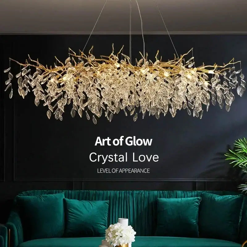 Luxury gold branch crystal pendant chandelier with dangling crystal leaves for dining room decorbites crystal pendant light