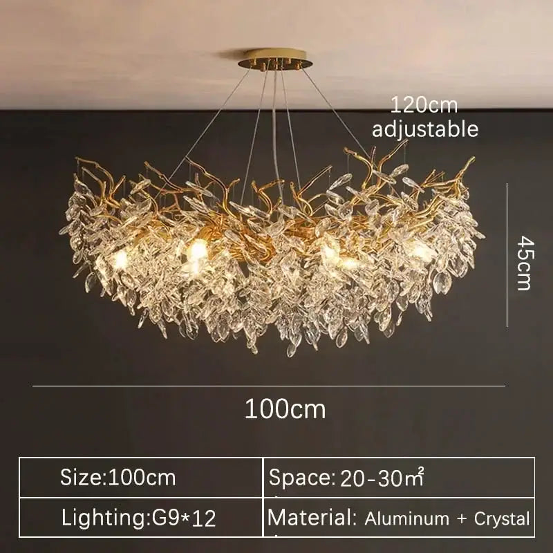 Luxury gold branch crystal pendant chandelier with cascading crystal leaves crafted from aluminum and crystal for dining room decorbites crystal pendant