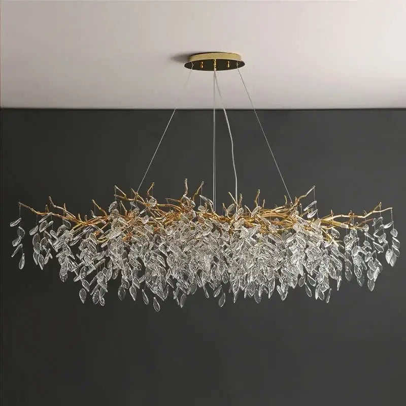 Luxury gold branch crystal pendant chandelier with clear leaf-shaped droplets for elegant dining room decorbites crystal pendant