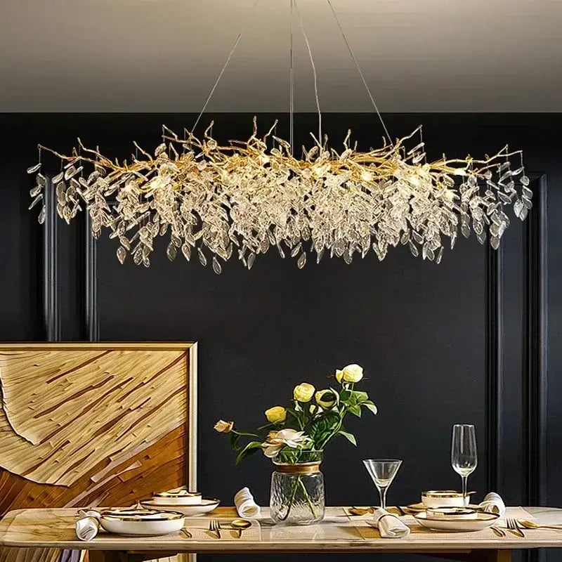 Luxury gold branch crystal pendant chandelier featuring cascading clear crystal leaves for dining room decorbites crystal pendant