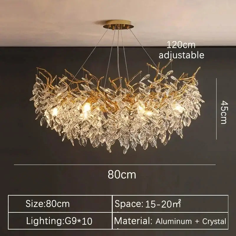 Luxury gold branch crystal pendant chandelier featuring intricate aluminum and crystal leaves by decorbites crystal pendant