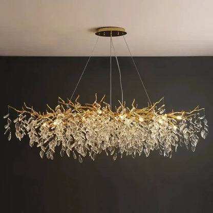 Luxury gold branch crystal pendant chandelier with intricate metalwork and clear crystal leaves by decorbites crystal pendant