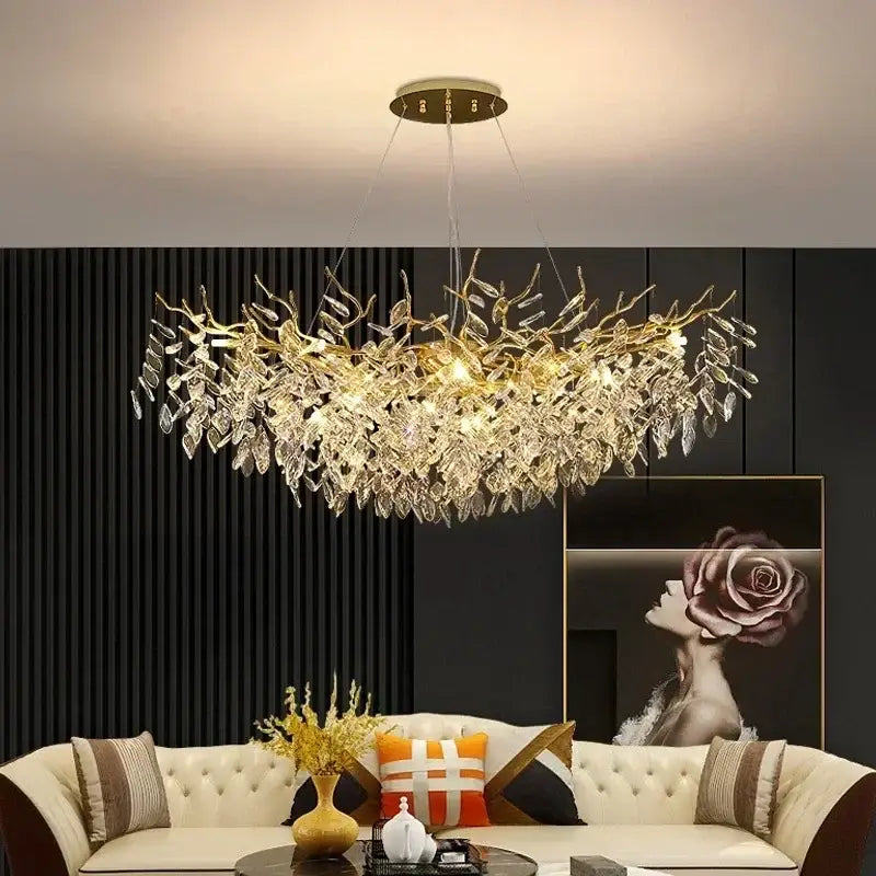 Luxury gold branch crystal pendant chandelier with intricate leaf and branch design by decorbites crystal pendant