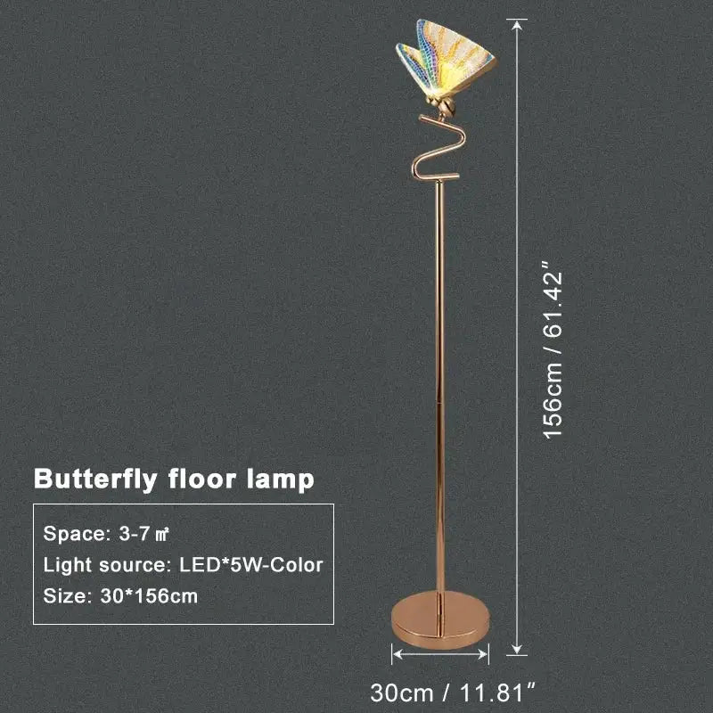 Luxury gold butterfly floor lamp with colorful iridescent wings and slender metallic stem for elegant decorbites butterfly floor lighting