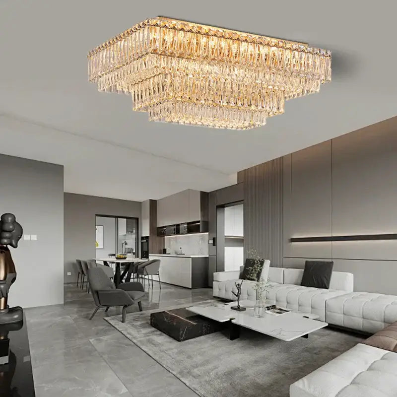 Luxury gold and clear faceted rectangular crystal chandelier with multiple tiers for dining room ceiling lamp decorbites crystal round