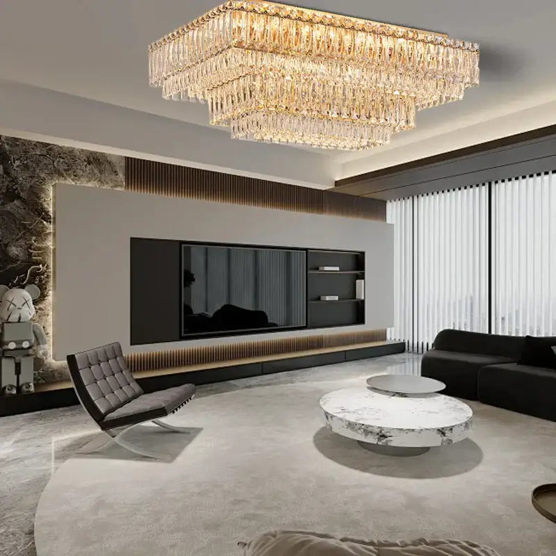 Luxury gold and clear crystal round ceiling lamp chandelier with multi-tiered cascading crystal strands for dining room decorbites crystal round ceiling lamp