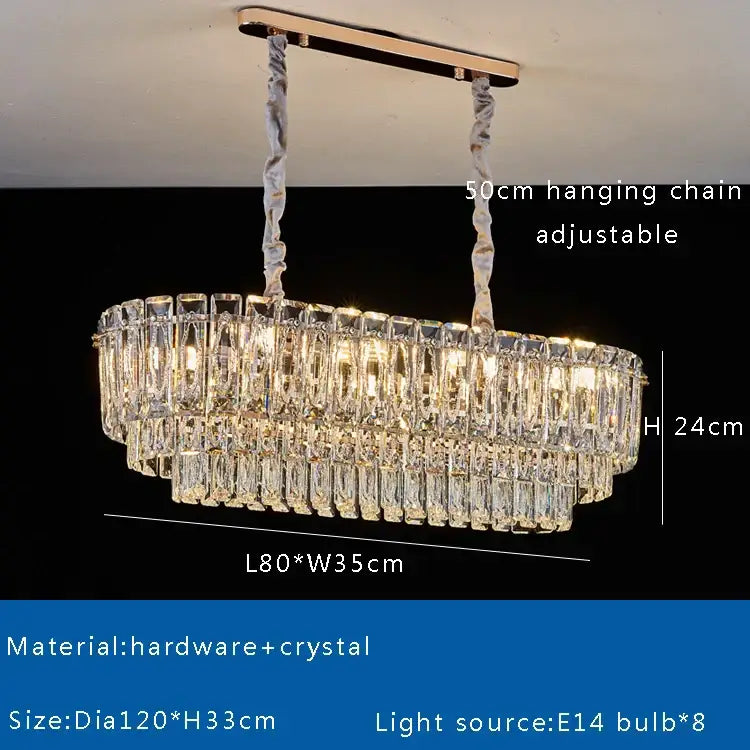 Elegant oval-shaped crystal round ceiling lamp with gold-toned metal frame and adjustable hanging chain by decorbites