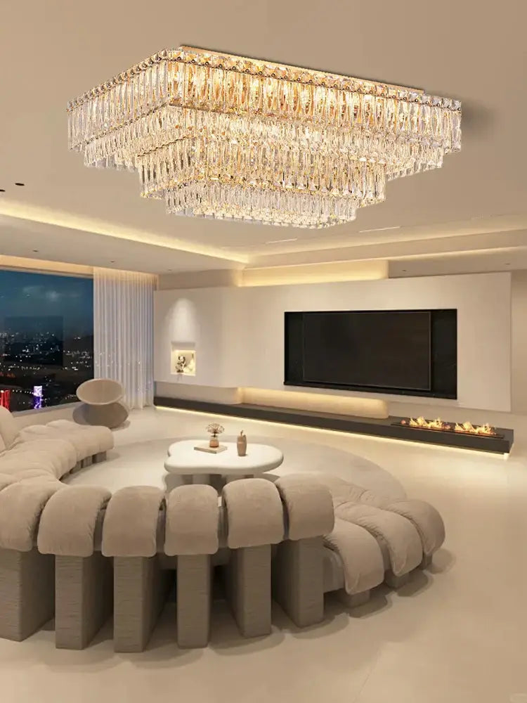 Luxury gold and clear crystal round ceiling lamp with a rectangular multi-tiered crystal round ceiling chandelier design