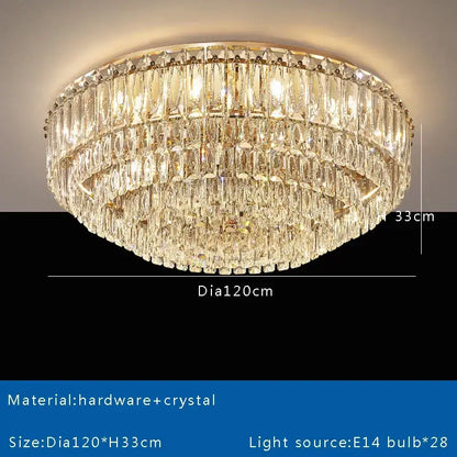 Luxury gold and clear crystal round ceiling lamp featuring tiers of crystal prisms in a decorbites crystal round chandelier