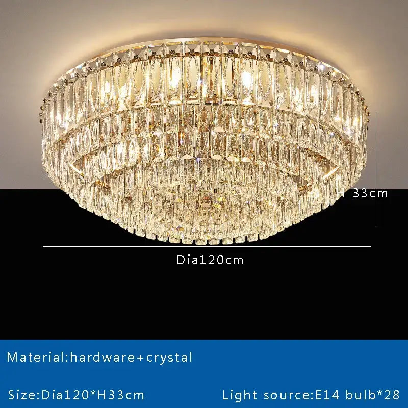 Luxury gold and clear crystal round ceiling lamp featuring tiers of crystal prisms in a decorbites crystal round chandelier