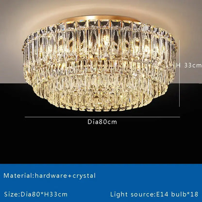 Luxury gold and clear crystal round ceiling lamp featuring tiers of faceted prisms for elegant dining room decorbites crystal round chandelier