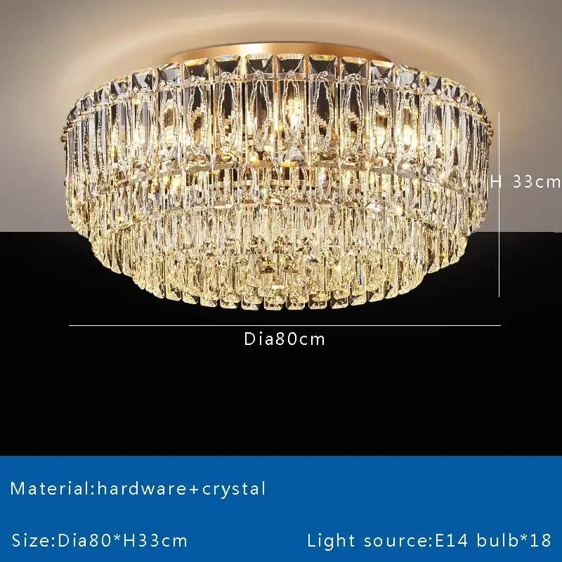 Luxury gold and clear crystal round ceiling lamp featuring tiers of faceted prisms for elegant dining room decorbites crystal round chandelier