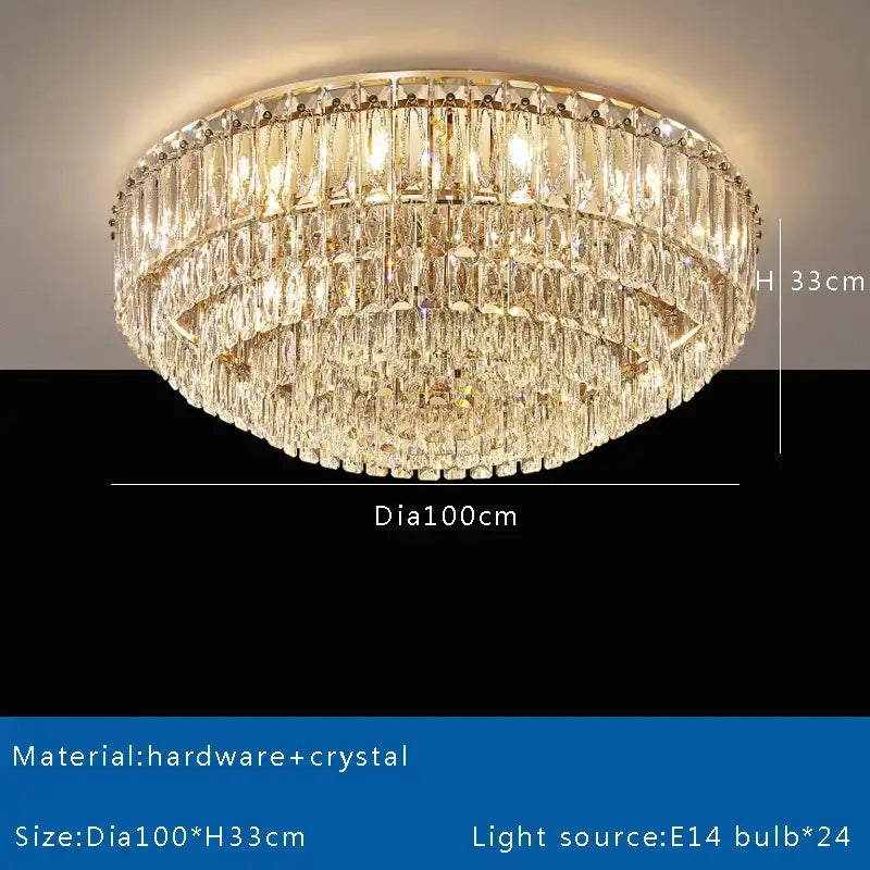 Luxury gold and clear crystal decorbites crystal round ceiling lamp with multiple tiers of prisms for dining room decor