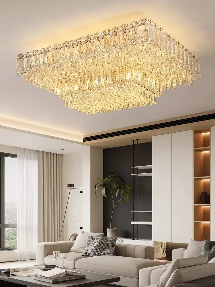 Luxury gold and clear decorbites crystal round ceiling lamp with rectangular tiers of faceted glass for dining room decor