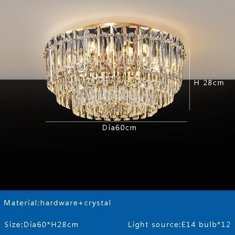 Luxury gold ceiling lamp featuring cascading clear faceted crystals in a decorbites crystal round ceiling chandelier
