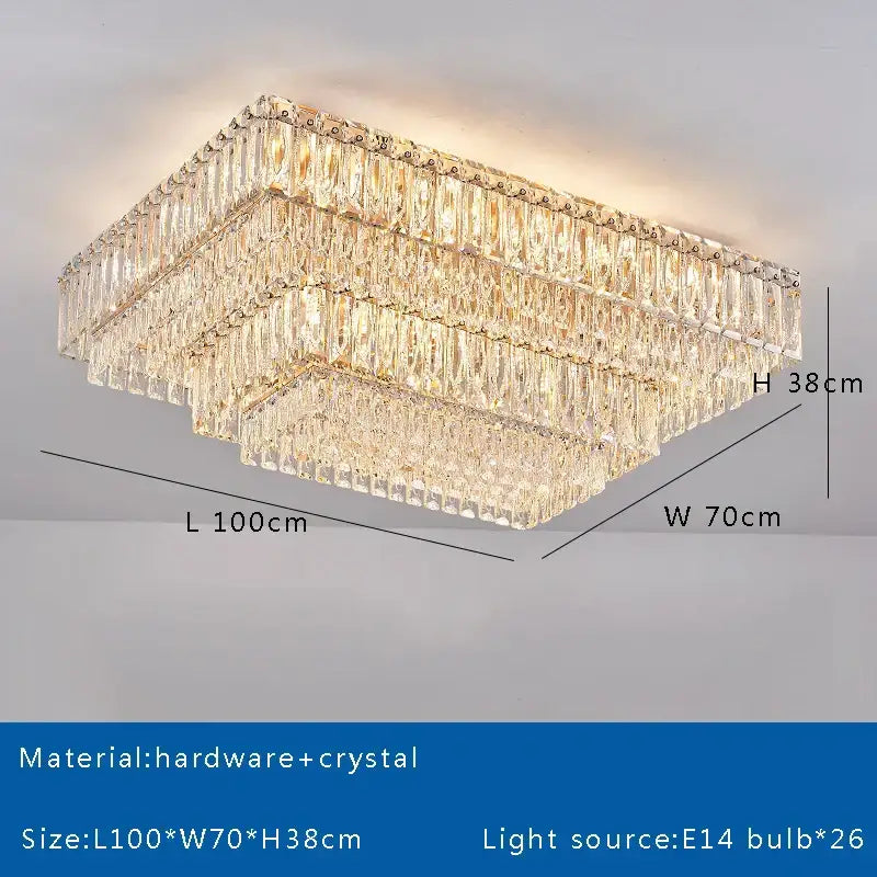 Luxury gold and clear crystal round ceiling lamp with rectangular faceted crystals and metallic hardware decorbites crystal round