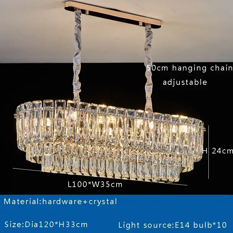 Elegant oval-shaped decorbites crystal round ceiling lamp with gold-toned metal frame and adjustable hanging chains