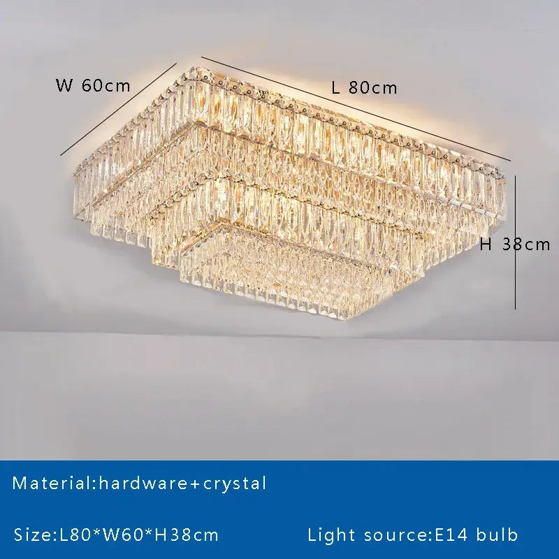 Rectangular crystal chandelier with three tiers of clear crystals and metallic frame for decorbites crystal round ceiling lamp