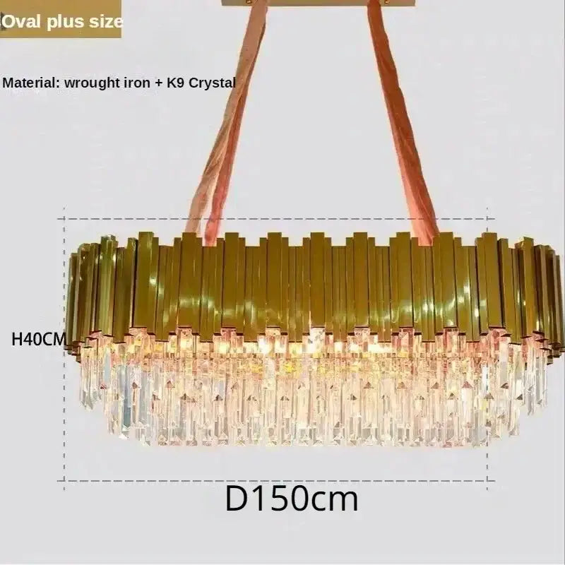 Luxury gold crystal art led ceiling chandelier with oval golden wrought iron frame and hanging k9 crystal prisms decorbites crystal art