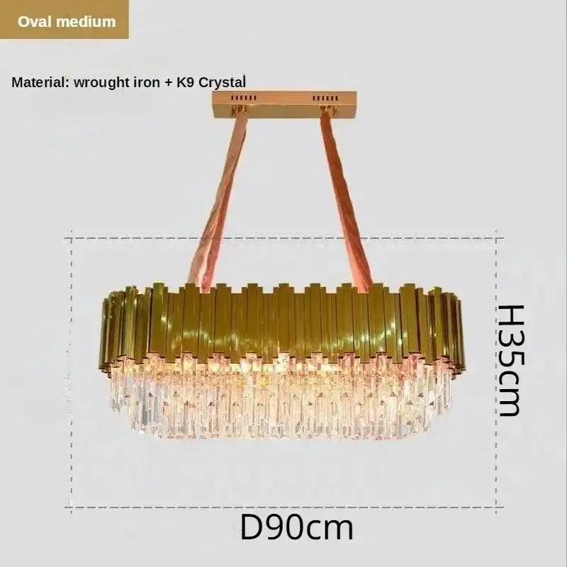 Oval medium luxury gold crystal art led ceiling chandelier with bronze wrought iron frame and cascading k9 prisms by decorbites crystal art