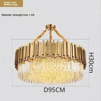 Luxury gold crystal art led ceiling chandelier featuring vertical wrought iron bars and hanging crystal droplets for decorbites crystal art