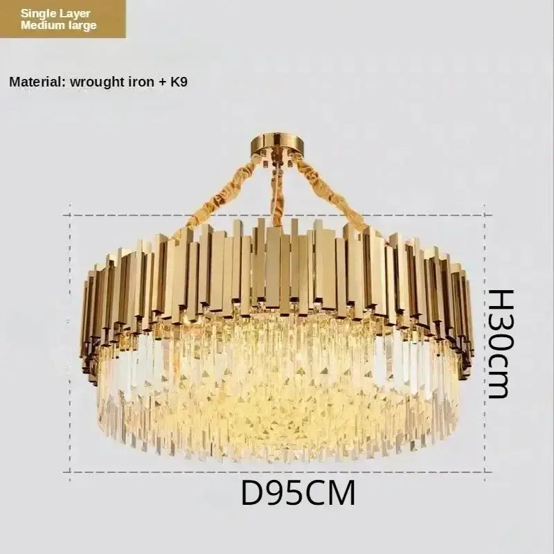 Luxury gold crystal art led ceiling chandelier featuring vertical wrought iron bars and hanging crystal droplets for decorbites crystal art
