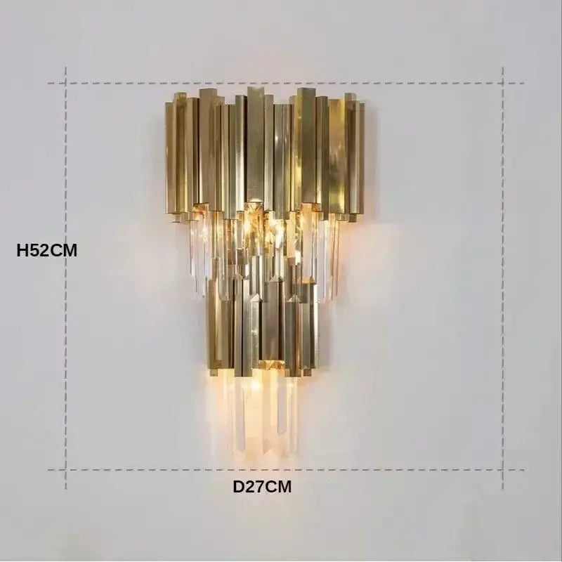 Luxury gold crystal art led wall sconce with vertical brass rods and hanging prisms for decorbites crystal art decor