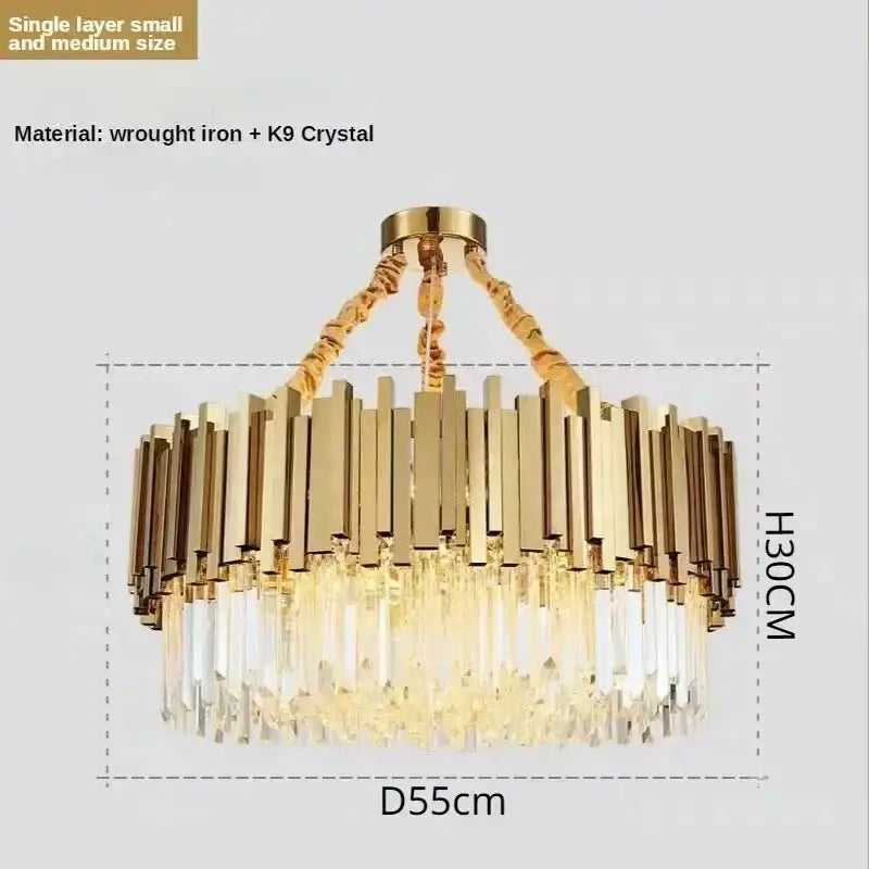Luxury gold crystal art led ceiling chandelier with vertical wrought iron bars and hanging k9 crystal prisms decorbites crystal art