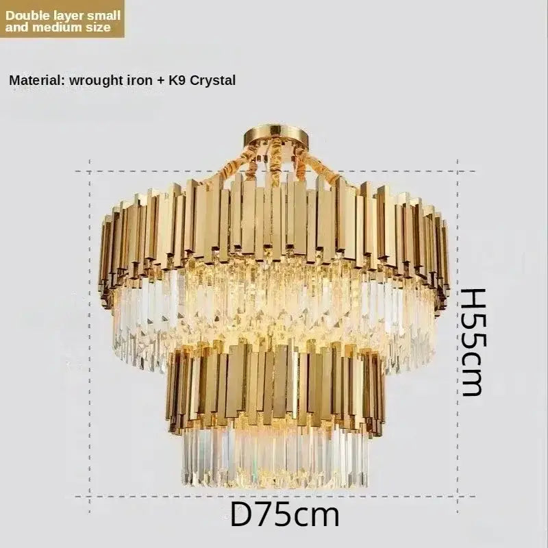 Luxury gold crystal art led ceiling chandelier with double-layer wrought iron frame and k9 crystal accents by decorbites crystal art