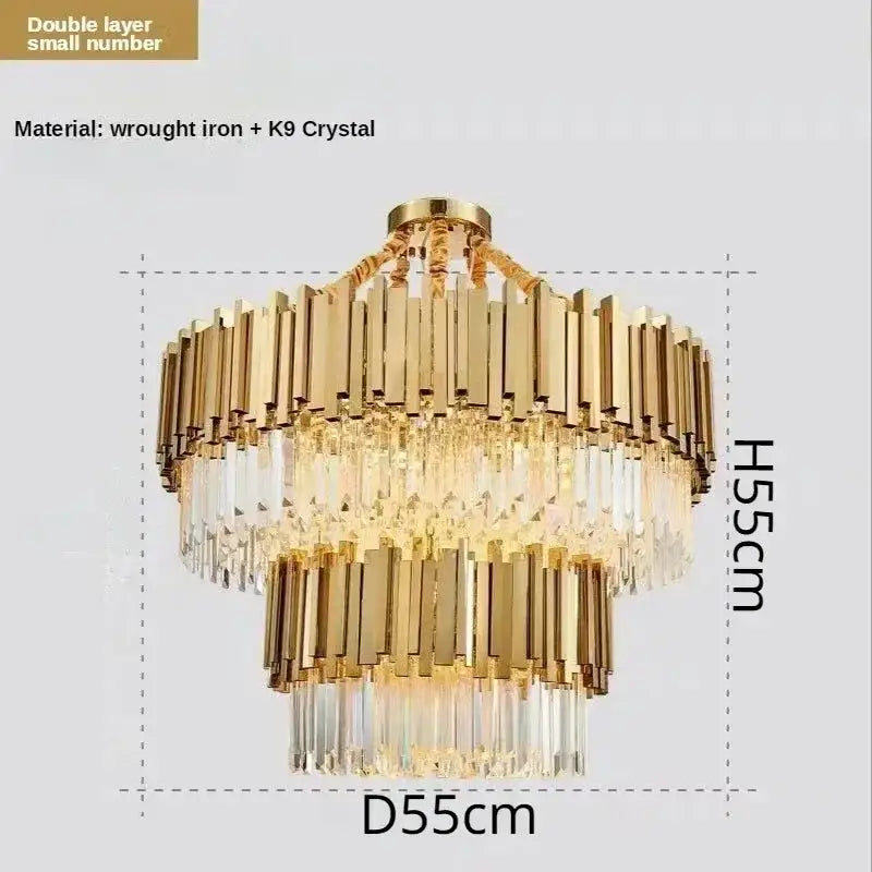 Luxury gold crystal art led ceiling chandelier with double-layer vertical wrought iron bars and hanging k9 prisms decorbites crystal art