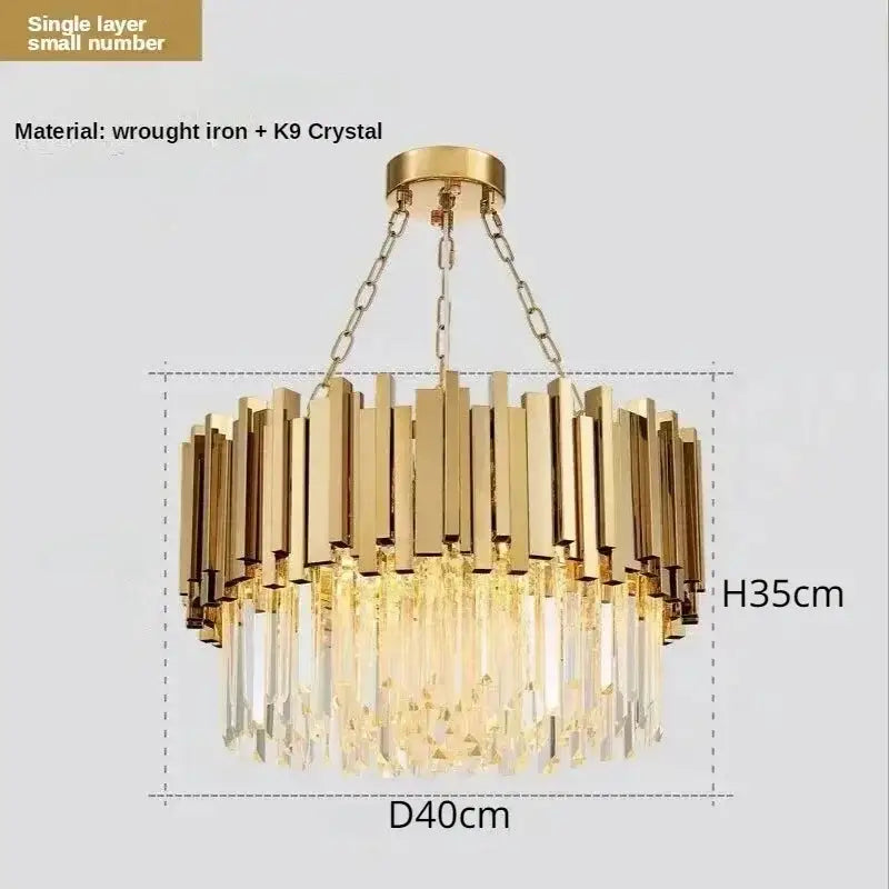 Luxury gold crystal art led ceiling chandelier with vertical wrought iron bars and dangling k9 crystal prisms decorbites crystal art