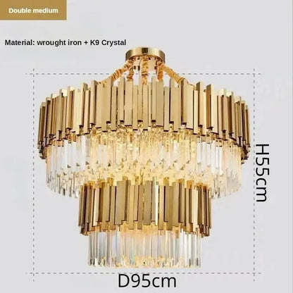 Luxury gold crystal art led ceiling chandelier with double-tier vertical wrought iron bars and hanging k9 prisms decorbites crystal art