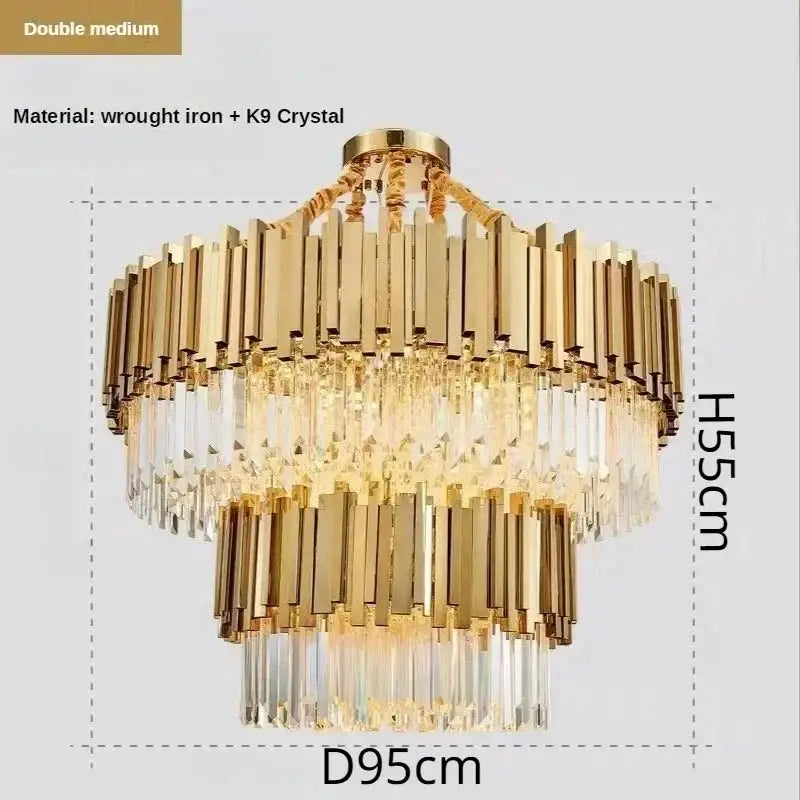 Luxury gold crystal art led ceiling chandelier with double-tier vertical wrought iron bars and hanging k9 prisms decorbites crystal art
