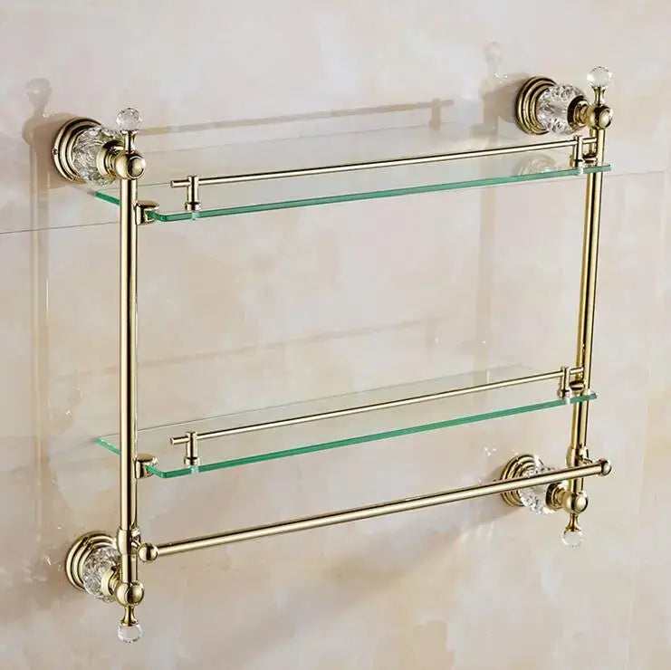 Brass-framed double-tiered glass bathroom shelf with crystal knobs and towel bar luxury crystal bathroom set by decorbites