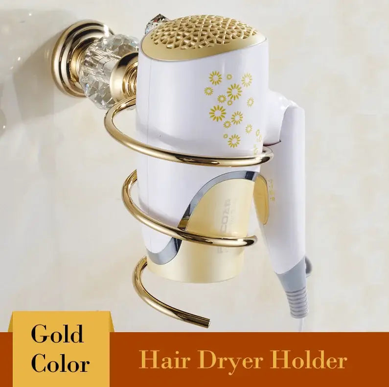 Gold-colored spiral hair dryer holder with crystal accent from decorbites brass luxury crystal bathroom set accessory