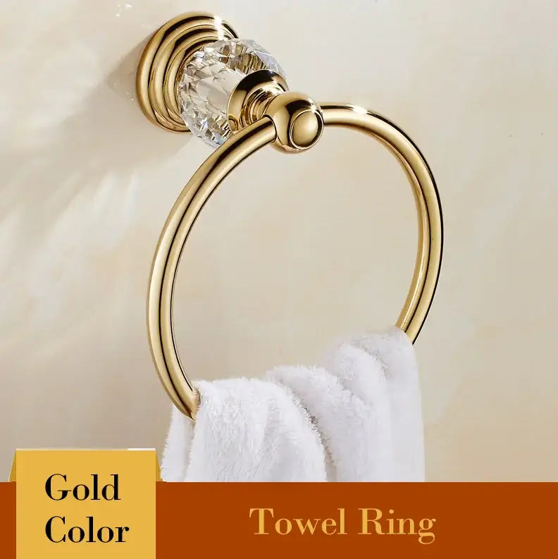 Gold-colored towel ring with crystal accent and polished metal finish from decorbites brass crystal bathroom set