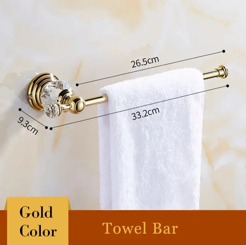 Gold-colored towel bar with crystal embellishments and polished finish from decorbites brass crystal bathroom set