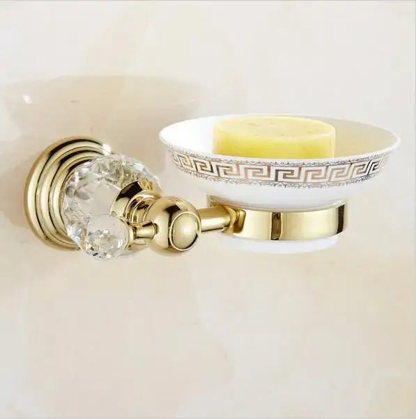 Luxury gold and crystal bathroom set wall-mounted soap dish with ceramic bowl and ornate greek key pattern decorbites brass