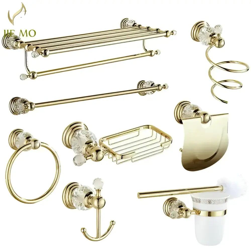 Gold-toned decorbites brass bathroom set with crystal accents for elegant bathroom decor and accessories
