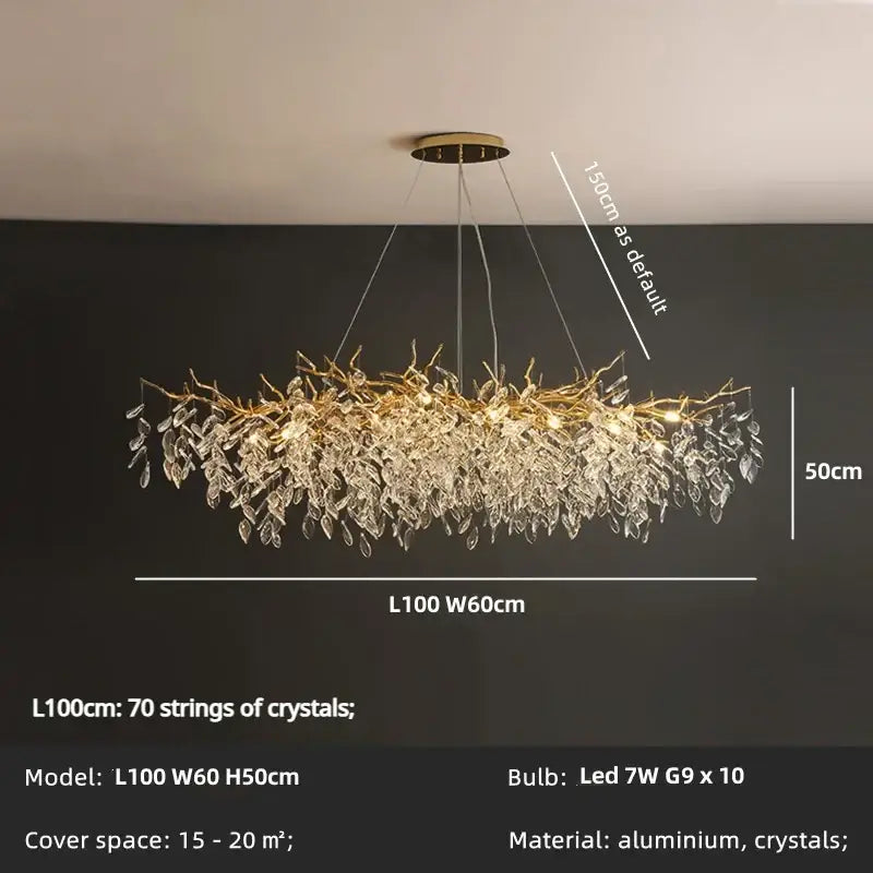 Luxury gold crystal branch led pendant chandelier with cascading clear crystal leaves on aluminum frame for dining room decorbites crystal branch