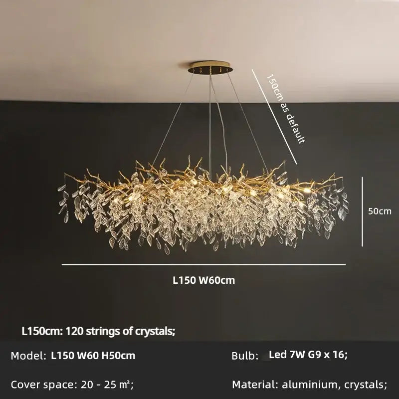 Luxury gold crystal branch led pendant dining room chandelier with cascading clear crystal leaves on aluminum frame decorbites crystal branch