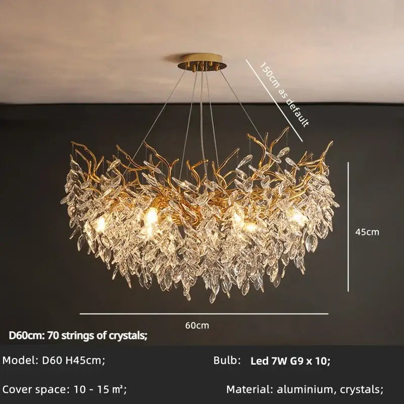 Luxury gold crystal branch led pendant dining room chandelier with gold-toned aluminum fixture and cascading crystal leaves