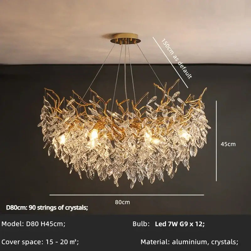 Luxury gold crystal branch led pendant dining room chandelier with intricate aluminum and crystal leaves decorbites crystal branch