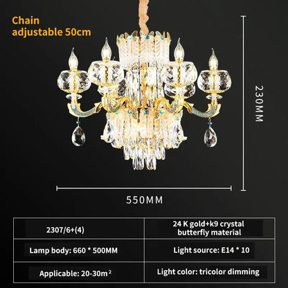 Luxury gold crystal candle chandelier with 24k gold butterfly design and faceted crystals for dining room decorbites crystal candle