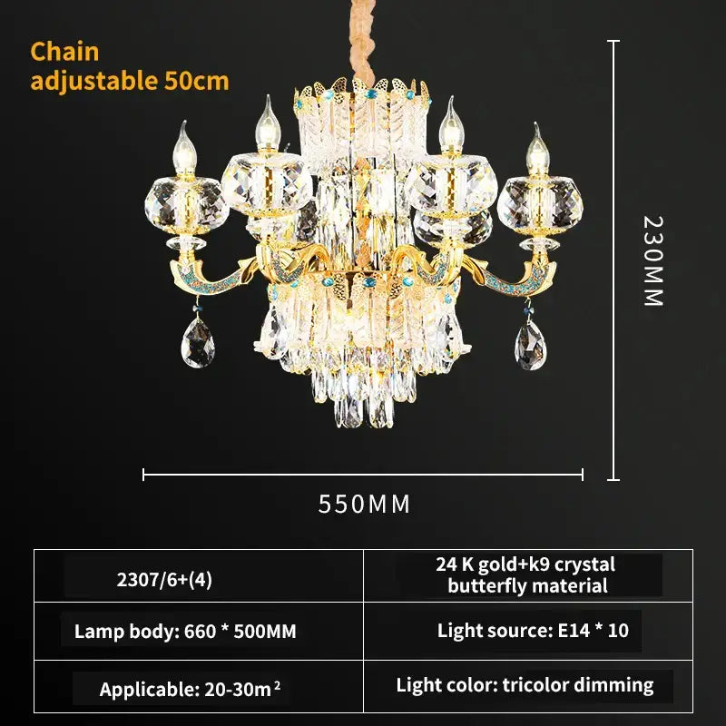 Luxury gold crystal candle chandelier with 24k gold butterfly design and faceted crystals for dining room decorbites crystal candle
